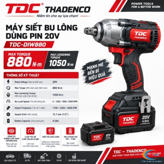 MÁY SIẾT BU LÔNG PIN 20V TDC DIW800 – 880 N.M – ĐẦU 1/2" – 2 PIN + SẠC